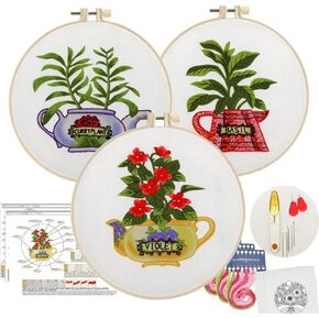 FIFILLION 3 Sets Embroidery Kit for Beginners with Easy-to-Follow Instructions,Stitch Practice kit Include Cloth Hoops Threads for Craft Lover Hand Stitch with DIY Skill Techniques (B-Botany)