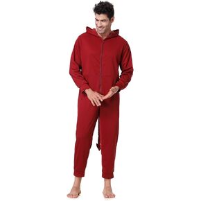 Devil Costume Men Red Classic Devil Onesie Pajamas Halloween Costume Cosplay Party