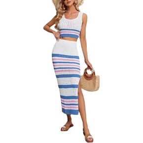 Sumleno Women Striped Crochet Knitted Two Piece Outfits Hollow Out Cami Top and High Waist Split Hem Long Skirt Beachwear