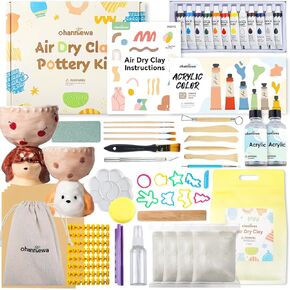 Air Dry Clay Pottery Kit for Beginners, DIY Kit for Adults, Pottery Starter Kit for adults Includes 12 Paints, Tools, Paintbrush, Varnish, Sponge, Letter Molds and Guide, Air Drying Clay Kit