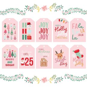 Whaline 100Pcs Pink Christmas Paper Gift Tags Xmas Tree Santa Reindeer Hanging Labels with Hemp Rope for Holiday Party Favor Decor Supplies, 10 Designs