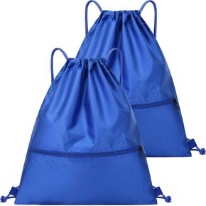 2Pcs Drawstring Backpack Waterproof Draw String Back Bag Black String Bag with Zipper Pocket for Sports, Gym, Travel, Swimming, Beach