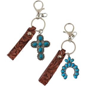2Pcs Vintage Embossed Cowhide Keychain Western Style Turquoise Pumpkin Flower Pendant Textured Car Keys Keyring Jewelry