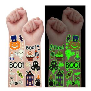 Partywind 135 Styles Luminous Halloween Tattoos, Glow Halloween Treats for Kids Party Supplies Favors Decorations, Cute Halloween Games Toys for Trick or Treat Party (12 Sheets)