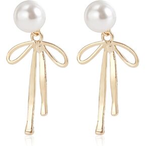Pearl Bow Dangle Earrings Sterling Silver Post Adorable Charm Bowknot Faux White Pearl Beaded Chandelier Tassel Earrings for Women Teen Girls Wedding Birthday Valentine's Day Fashion Jewelry Gifts