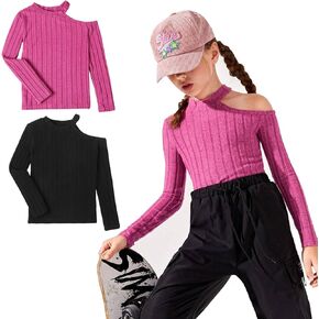 ROMPERINBOX Girls Long Sleeve Shirts Tween Girl Asymmetrical Neck Tee Solid 2 Pack Rib Knit T-Shirt for Fall Winter Spring