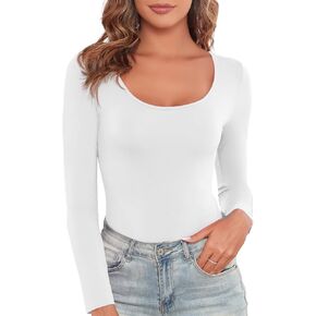 Women's Lightweight Casual Body Suits Long Sleeve Scoop Neck Slim Fitted Basic Bodysuit Shirt 2024