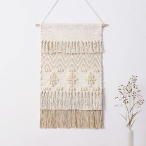 Dremisland Macrame Woven Wall Hanging Home Decor Bohemian Beige Geometric Wave Art Decor with Wool Ball and Tassle-Elegant Apartment Bedroom Dorm Room Door Decoration (Pink Line)