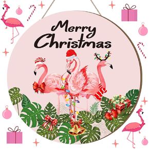 Chunful Christmas Flamingo Decorations Christmas Welcome Sign Round Hanging Door Sign Front Door Xmas Flamingo Decor Round Wood Hanging Wall Pediments for Farmhouse Porch Door Decoration