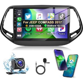 Podofo 5GWiFi 8Core 4G+64G Android 13 Car Stereo for Jeep Compass 2017-2020 with Wireless Carplay Android Auto,10.1" IPS Touchscreen Car Radio with Bluetooth/GPS/SWC/FM&RDS Radio+AHD Backup Camera+MIC
