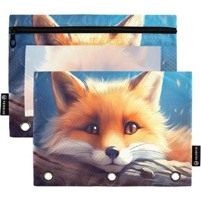 Cute Cartoon Fox Pencil Pouch Fits standard 3-ring binders, Zipper Binder Pencil Bag with Clear Window for Office 2 Pack