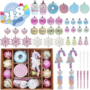 Macaron Christmas Ball Ornaments Set, Shatterproof Pendants Cute Donut Lollipop Candy Hnaging Ornaments for Christmas Tree Holiday Decorations Indoor (48Pcs)