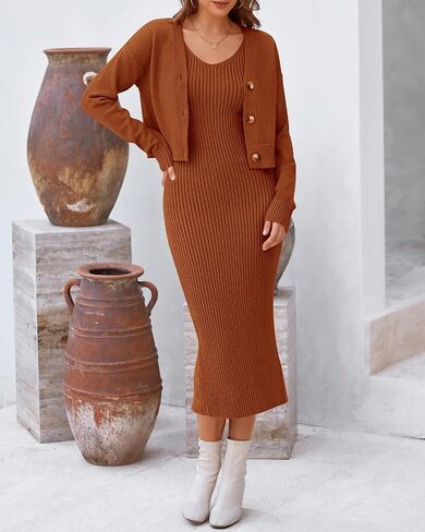BTFBM Women Fall Knit Sweater Dress Set Bodycon Slit Midi Dresses Button Down Long Sleeve Cropped Cardigan 2 Piece Sets in Kuwait