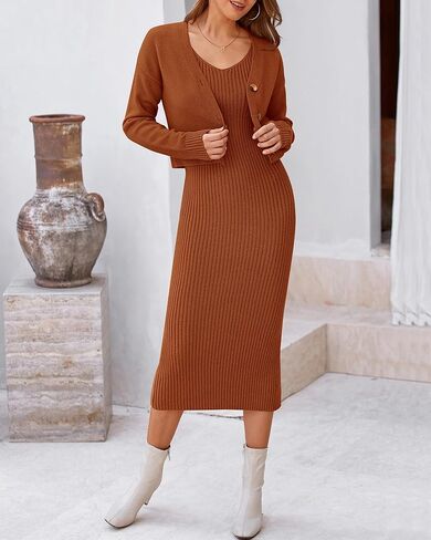 BTFBM Women Fall Knit Sweater Dress Set Bodycon Slit Midi Dresses Button Down Long Sleeve Cropped Cardigan 2 Piece Sets in Kuwait