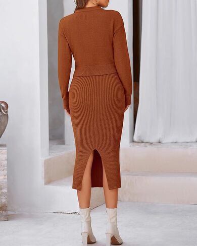 BTFBM Women Fall Knit Sweater Dress Set Bodycon Slit Midi Dresses Button Down Long Sleeve Cropped Cardigan 2 Piece Sets in Kuwait