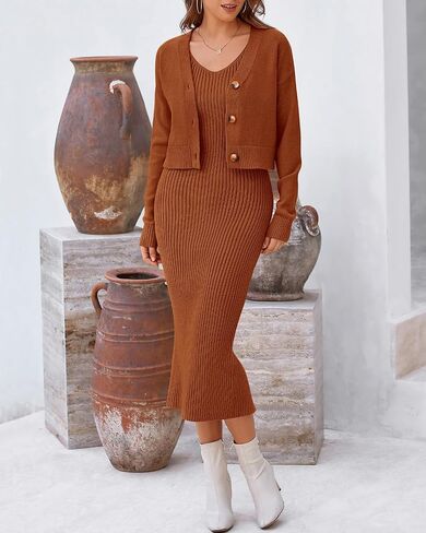 BTFBM Women Fall Knit Sweater Dress Set Bodycon Slit Midi Dresses Button Down Long Sleeve Cropped Cardigan 2 Piece Sets in Kuwait