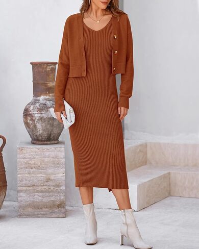 BTFBM Women Fall Knit Sweater Dress Set Bodycon Slit Midi Dresses Button Down Long Sleeve Cropped Cardigan 2 Piece Sets in Kuwait