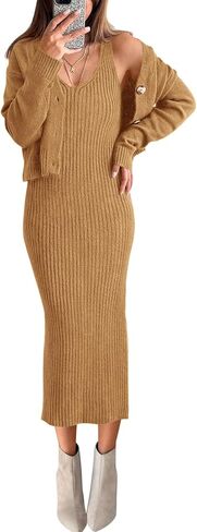 BTFBM Women Fall Knit Sweater Dress Set Bodycon Slit Midi Dresses Button Down Long Sleeve Cropped Cardigan 2 Piece Sets in Saudi Arabia