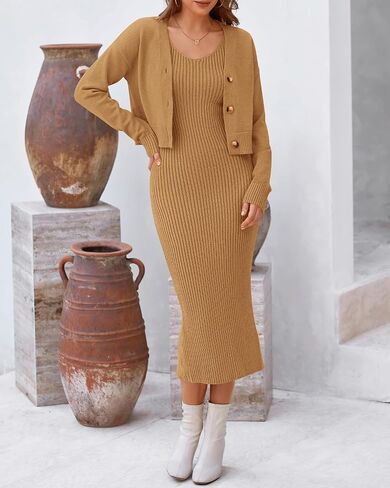 BTFBM Women Fall Knit Sweater Dress Set Bodycon Slit Midi Dresses Button Down Long Sleeve Cropped Cardigan 2 Piece Sets in Saudi Arabia