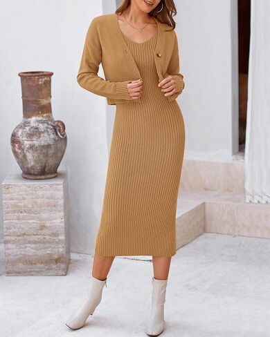 BTFBM Women Fall Knit Sweater Dress Set Bodycon Slit Midi Dresses Button Down Long Sleeve Cropped Cardigan 2 Piece Sets in Saudi Arabia