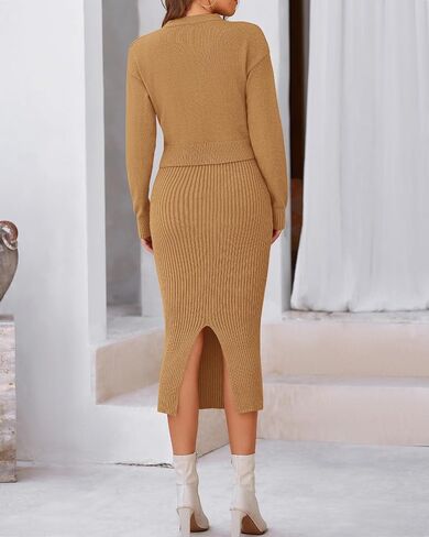 BTFBM Women Fall Knit Sweater Dress Set Bodycon Slit Midi Dresses Button Down Long Sleeve Cropped Cardigan 2 Piece Sets in Saudi Arabia