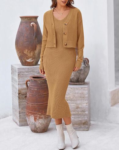 BTFBM Women Fall Knit Sweater Dress Set Bodycon Slit Midi Dresses Button Down Long Sleeve Cropped Cardigan 2 Piece Sets in Saudi Arabia