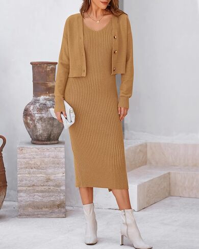 BTFBM Women Fall Knit Sweater Dress Set Bodycon Slit Midi Dresses Button Down Long Sleeve Cropped Cardigan 2 Piece Sets in Saudi Arabia