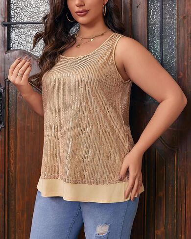 Imily Bela Womens Plus Size Sequin Tank Tops Summer Scoop Neck Sleeveless T-shirts Tops Sexy Sparkle Shimmer Tunic Tops in Kuwait