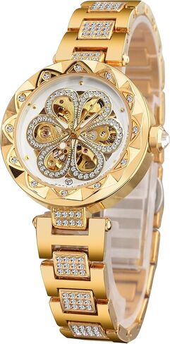 FORSINING نساء ساعات ميكانيكية أوتوماتيكية هيكل عظمي Steampunk ساعة مع الماس ونحت زهرة الحرفية ساعة باردة للنساء تصميم بسيط ريترو هيكل عظمي ميكانيكي ساعة معصم شفافة in Kuwait