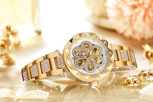 FORSINING نساء ساعات ميكانيكية أوتوماتيكية هيكل عظمي Steampunk ساعة مع الماس ونحت زهرة الحرفية ساعة باردة للنساء تصميم بسيط ريترو هيكل عظمي ميكانيكي ساعة معصم شفافة in Kuwait