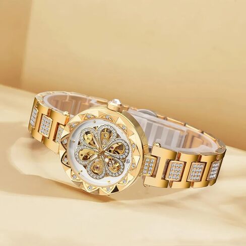 FORSINING نساء ساعات ميكانيكية أوتوماتيكية هيكل عظمي Steampunk ساعة مع الماس ونحت زهرة الحرفية ساعة باردة للنساء تصميم بسيط ريترو هيكل عظمي ميكانيكي ساعة معصم شفافة in Kuwait