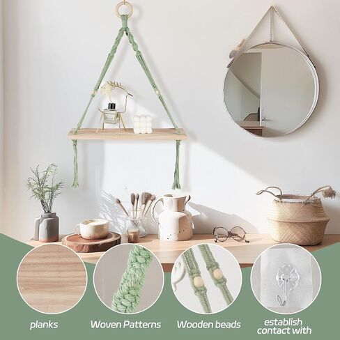 HOSROOME Boho Wall Decor Macrame Hanging Shelves for Rome Wall Floating Shelves for Bedroom Wall Decor Shelf Wall Decor for Living Room Nursery Room Floating Shelf for Bathroom Wall Decor,Green in Saudi Arabia