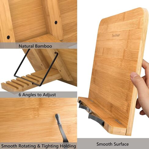 Readaeer Large Size Cookbook Stand for Kitchen, Foldable Bamboo Book Stand for Reading with 6 Adjustable Height (15x11 inch) in Kuwait