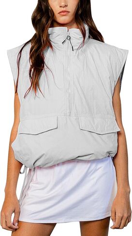 VAOYIU Womens Quilted Puffer Vest Stand Collar Half Zip Sleeveless Padded Jacket Hoodie Pullover Coat with Pockets in Saudi Arabia