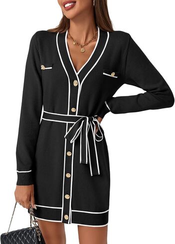 Saodimallsu Womens Long Sleeve Sweater Dress Button Down V Neck Casual Knit Preppy Mini Dresses Cardigan with Belt in Kuwait