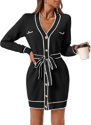 Saodimallsu Womens Long Sleeve Sweater Dress Button Down V Neck Casual Knit Preppy Mini Dresses Cardigan with Belt in Kuwait
