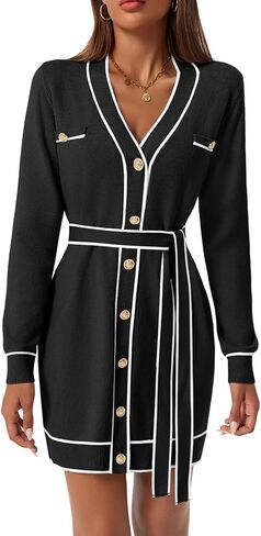 Saodimallsu Womens Long Sleeve Sweater Dress Button Down V Neck Casual Knit Preppy Mini Dresses Cardigan with Belt in Kuwait