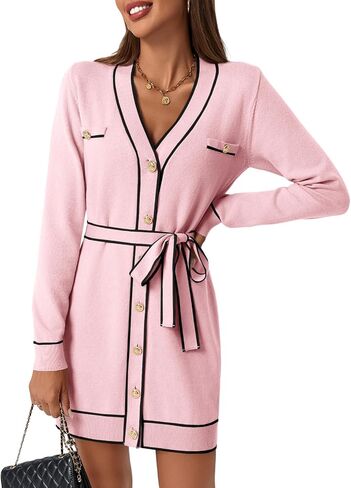 Saodimallsu Womens Long Sleeve Sweater Dress Button Down V Neck Casual Knit Preppy Mini Dresses Cardigan with Belt in Kuwait