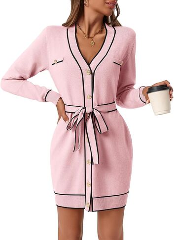 Saodimallsu Womens Long Sleeve Sweater Dress Button Down V Neck Casual Knit Preppy Mini Dresses Cardigan with Belt in Kuwait