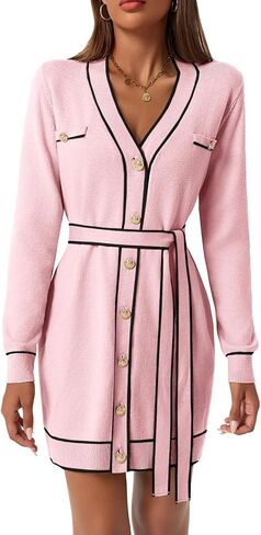 Saodimallsu Womens Long Sleeve Sweater Dress Button Down V Neck Casual Knit Preppy Mini Dresses Cardigan with Belt in Kuwait