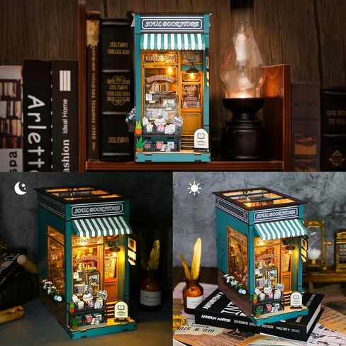 كتاب زاوية عدة لغز خشبي ثلاثي الأبعاد DIY منزل مصغر مع ضوء LED رف الكتب إدراج ديكور Booknook دمية الحرف اليدوية الهدايا للبالغين (دور علوي وردي) in Kuwait