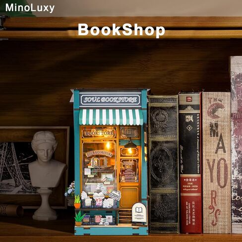 كتاب زاوية عدة لغز خشبي ثلاثي الأبعاد DIY منزل مصغر مع ضوء LED رف الكتب إدراج ديكور Booknook دمية الحرف اليدوية الهدايا للبالغين (دور علوي وردي) in Kuwait