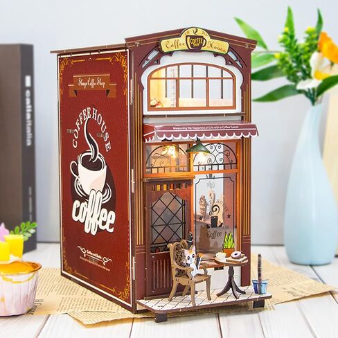 كتاب زاوية عدة لغز خشبي ثلاثي الأبعاد DIY منزل مصغر مع ضوء LED رف الكتب إدراج ديكور Booknook دمية الحرف اليدوية الهدايا للبالغين (دور علوي وردي) in Saudi Arabia