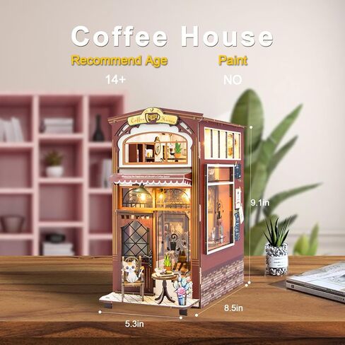 كتاب زاوية عدة لغز خشبي ثلاثي الأبعاد DIY منزل مصغر مع ضوء LED رف الكتب إدراج ديكور Booknook دمية الحرف اليدوية الهدايا للبالغين (دور علوي وردي) in Saudi Arabia