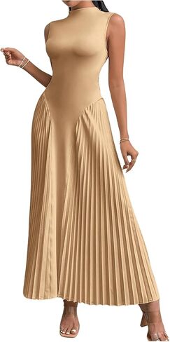 SOLY HUX Women's Maxi Dress Sleeveless Pleated A Line Mock Neck Flowy Long Dresses in Saudi Arabia