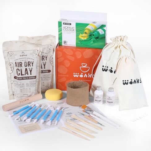 Air Dry Clay Pottery Kit for Adults & Kids - 30 Piece Kit - Acrylic Paint & Sculpting Tools Included - Carving Kit, Clay Sponge & More - A Complete Beginners Pottery Set - 2KGs of Clay Included in Saudi Arabia