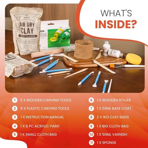 Air Dry Clay Pottery Kit for Adults & Kids - 30 Piece Kit - Acrylic Paint & Sculpting Tools Included - Carving Kit, Clay Sponge & More - A Complete Beginners Pottery Set - 2KGs of Clay Included in Saudi Arabia