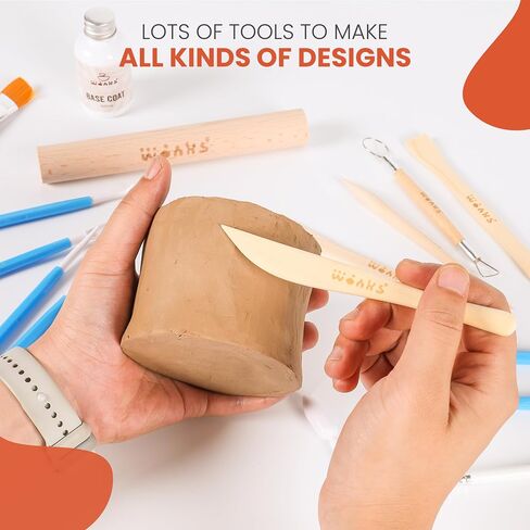 Air Dry Clay Pottery Kit for Adults & Kids - 30 Piece Kit - Acrylic Paint & Sculpting Tools Included - Carving Kit, Clay Sponge & More - A Complete Beginners Pottery Set - 2KGs of Clay Included in Saudi Arabia