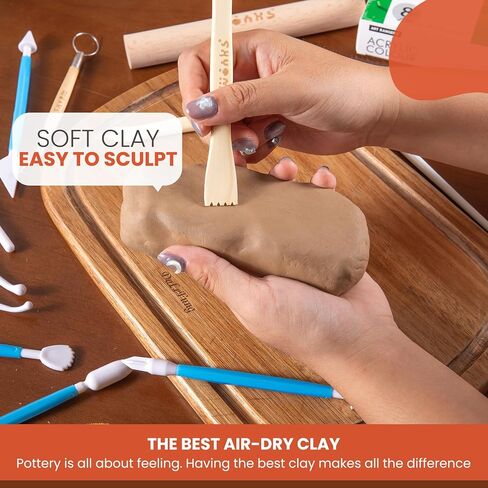 Air Dry Clay Pottery Kit for Adults & Kids - 30 Piece Kit - Acrylic Paint & Sculpting Tools Included - Carving Kit, Clay Sponge & More - A Complete Beginners Pottery Set - 2KGs of Clay Included in Saudi Arabia