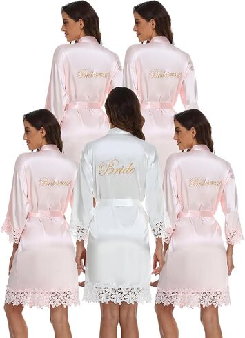 5 Pcs Satin Bridal Robes with Lace Trim Embroidered Short Kimono Bride Bridesmaid Getting Ready Dressing Gown in Saudi Arabia